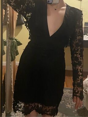 Black Lace Long-Sleeve Wrap Dress